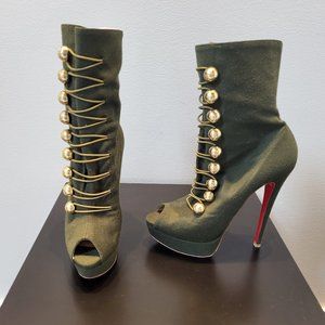 Christian Louboutin peep toe dark green felt platform booties with gold buttons